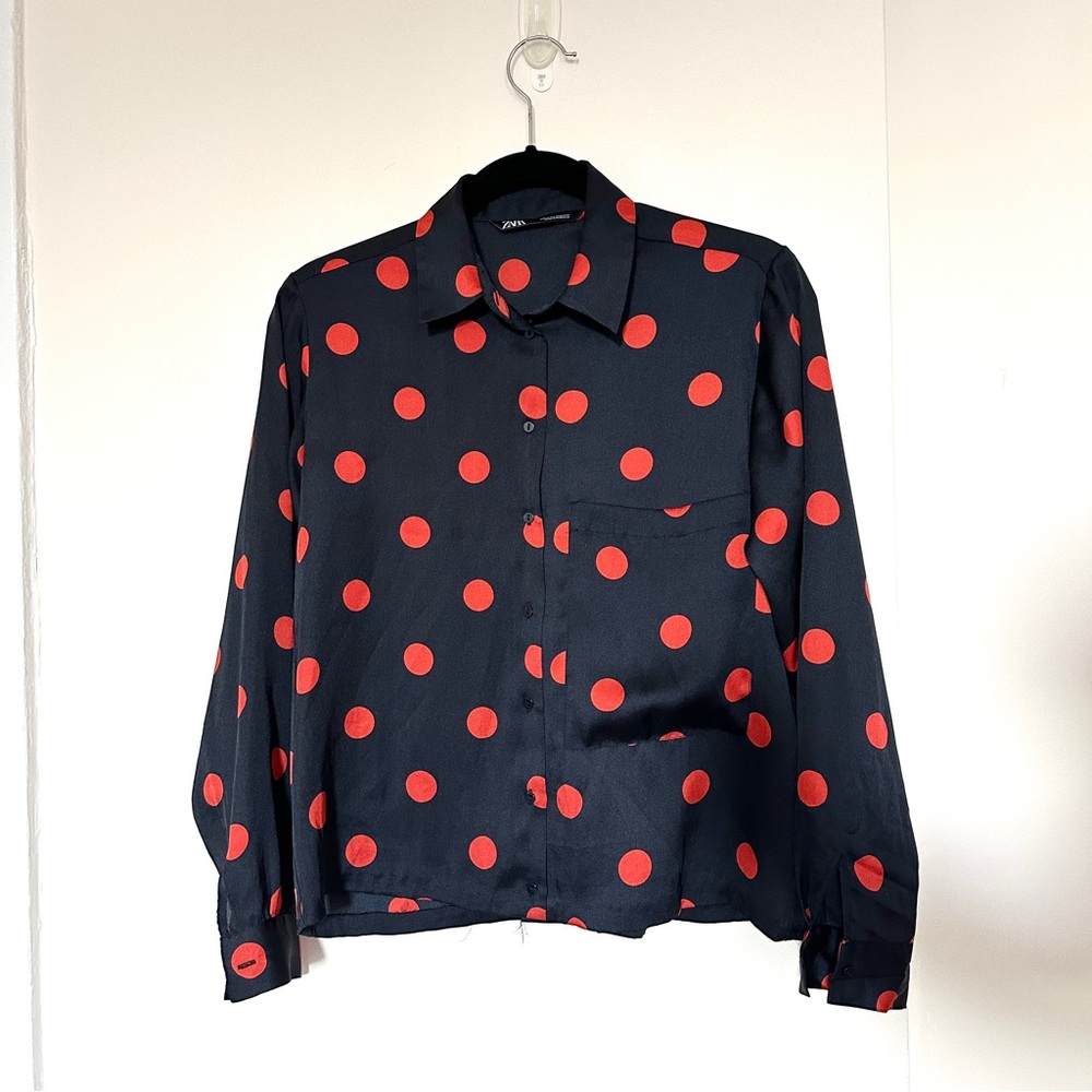 Zara Polka Dot Blouse Button Down Cropped - Navy and Red